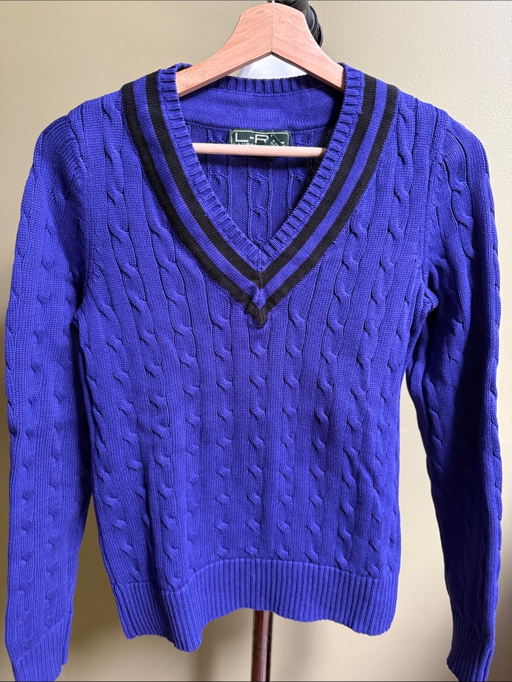 Ralph Lauren Cable-Knit V-Neck Sweater in Royal Blue with Black Trim